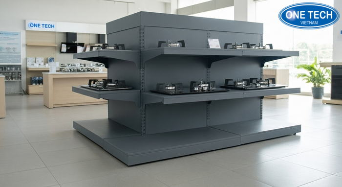 Minh họa bản vẽ kỹ thuật kệ trưng bày bếp gas theo mặt bằng cửa hàng