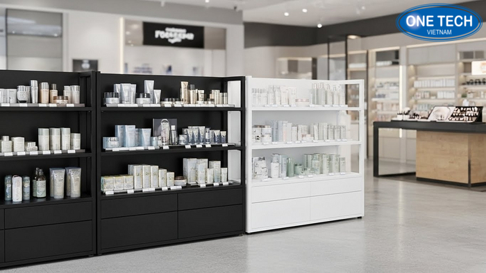 Before after quầy mỹ phẩm khi chưa có kệ và sau khi lắp kệ, tối ưu lối đi và tăng điểm nhấn