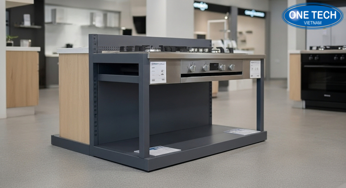 Biểu đồ quy trình từ đặt hàng, thiết kế, sản xuất, lắp đặt đến bảo hành kệ trưng bày bếp gas