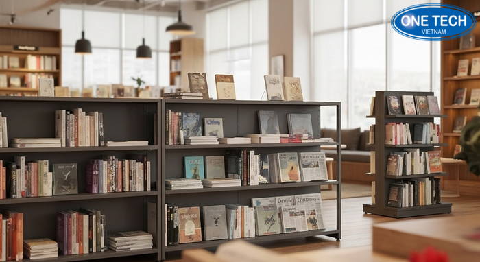 So sánh kiểu dáng kệ trưng bày sách báo Các kiểu kệ trưng bày sách báo phổ biến: 1 mặt, 2 mặt, siêu mỏng, đa tầng
