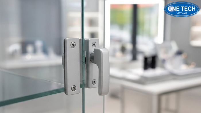 Cận cảnh khóa và tay nắm tủ kính trưng bày mỹ phẩm, chi tiết hoàn thiện dễ sử dụng