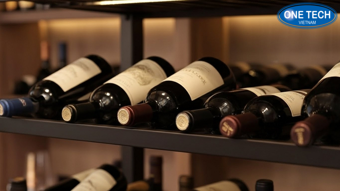Cận cảnh chai rượu đặt đúng rãnh kệ giúp chống lăn và chống va chạm
