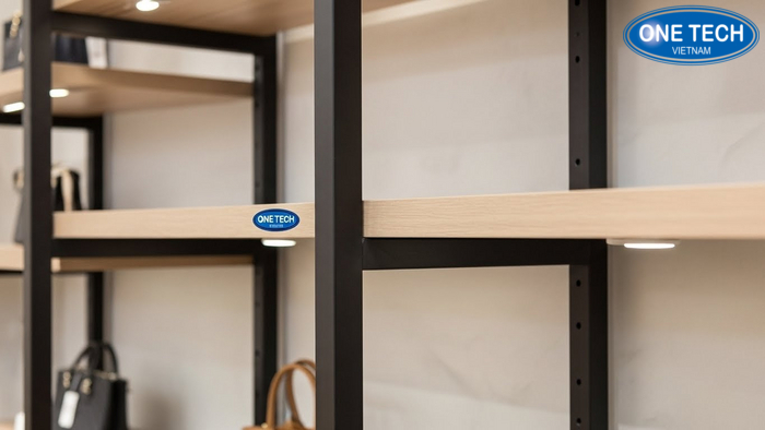 Cận cảnh bề mặt sơn tĩnh điện và mâm gỗ trên kệ trưng bày túi xách