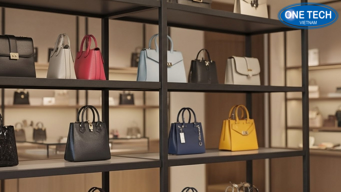 Cận cảnh túi xách được trưng bày đứng form trên kệ, không bị đè và không móp