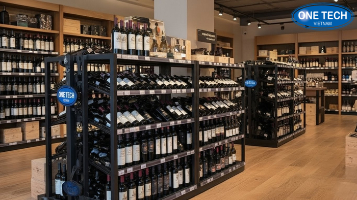Hình ảnh bố trí kệ trưng bày rượu trước và sau khi sắp xếp lại giúp không gian gọn và nổi nhãn