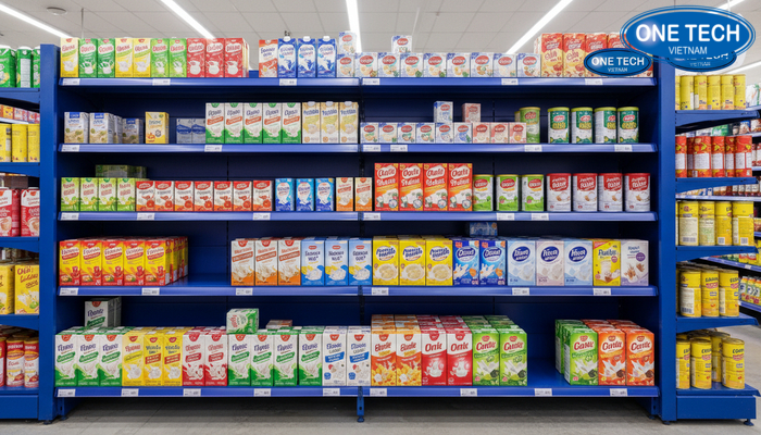 Case study kệ trưng bày sữa Đồng Tháp 02 Khu vực trưng bày sữa hộp giấy và sữa bột trên kệ siêu thị tại Đồng Tháp
