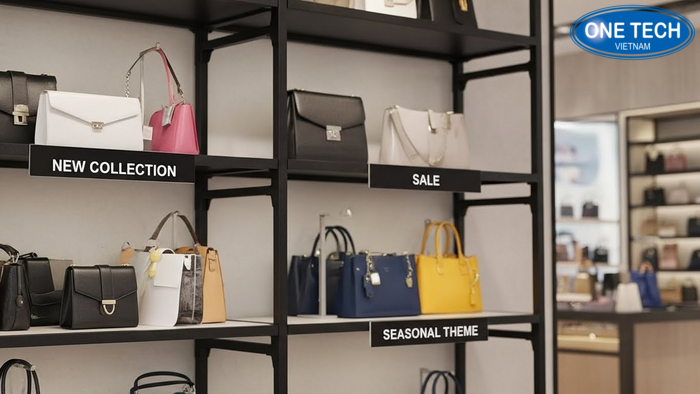 Collage 3 layout trưng bày túi xách theo mùa: New, Sale, Bộ sưu tập, dễ áp dụng năm 2026