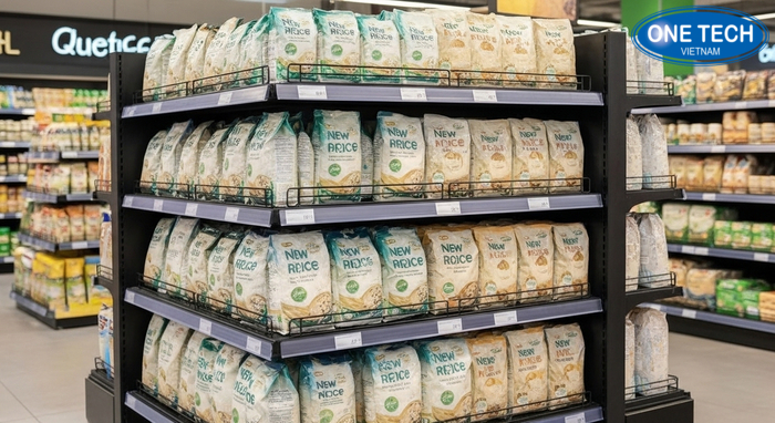 Đảo giữa trưng bày gạo mới giúp tăng chú ý Kệ đảo giữa trưng bày gạo mới kèm bảng giá rõ ràng