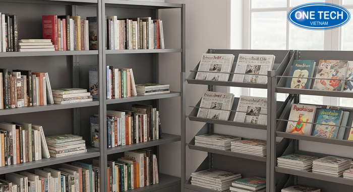 Góc trưng bày sách báo sử dụng kệ đa dạng Góc trưng bày sách báo gọn gàng với nhiều loại kệ