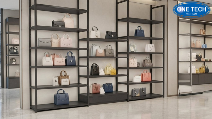 Infographic checklist bảo quản kệ trưng bày túi xách: vệ sinh, kiểm tra ốc vít, tải trọng, khoảng cách trưng bày