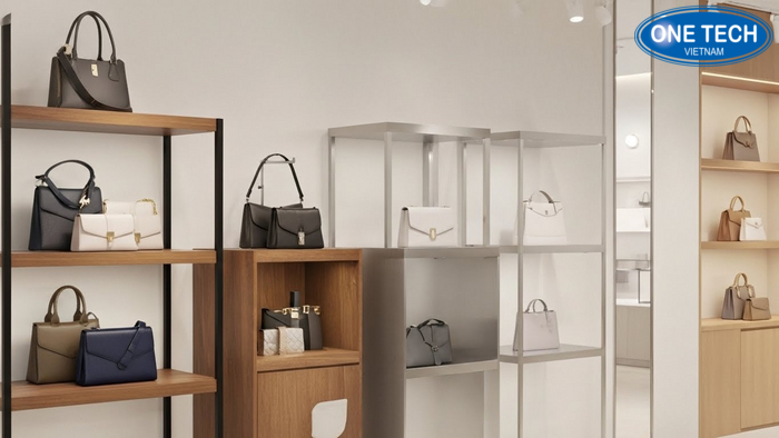 Infographic so sánh chất liệu kệ trưng bày túi xách: sắt sơn tĩnh điện, gỗ, inox, acrylic kính