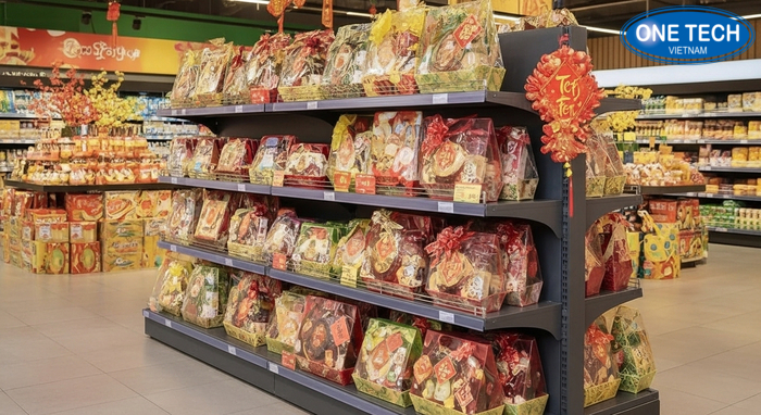 Kệ trưng bày giỏ quà Tết 2 tầng gọn chắc, dễ bố trí lối đi