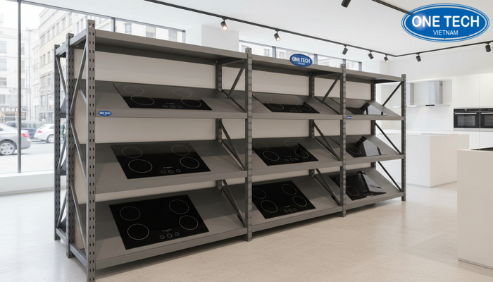 Kệ âm tường và kệ tầng dài trưng bày nhiều mẫu bếp từ