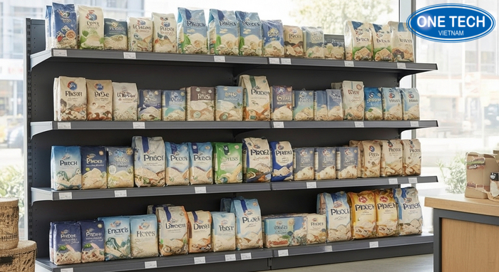 Kệ bậc thang trưng bày gạo tại mặt tiền cửa hàng Kệ bậc thang trưng bày gạo đặt mặt tiền thu hút khách