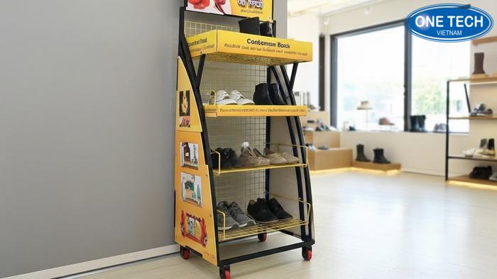 Kệ trưng bày giày dép hình bậc thang đặt giữa nhà