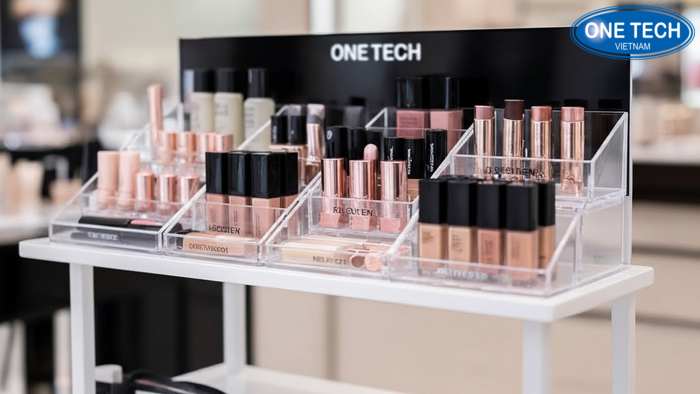 Kệ bàn trưng bày son và tester có khay chia ô, gọn và dễ chọn