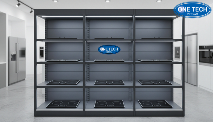 Kệ trưng bày bếp từ tích hợp đèn LED giúp làm nổi bật sản phẩm