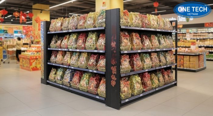 Kệ trưng bày giỏ quà siêu thị dạng chữ nhật đặt giữa lối đi, thu hút từ hai phía