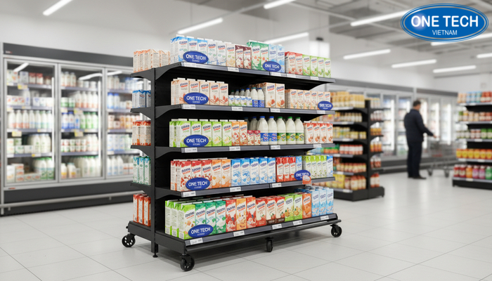 Kệ trưng bày sữa có bánh xe Kệ trưng bày sữa có bánh xe di chuyển trong cửa hàng