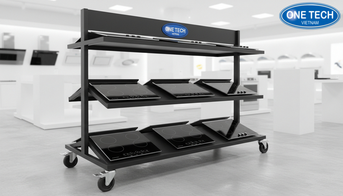Kệ di động trưng bày bếp từ có bánh xe và khóa an toàn
