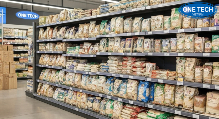 Kệ đôi trưng bày gạo tạo dãy trưng bày trong cửa hàng Kệ đôi trưng bày gạo tạo lối đi và phân tầng theo loại bao