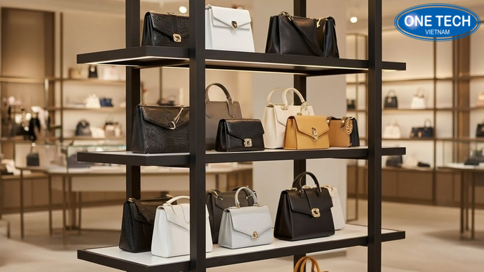 Mẫu kệ đứng đa tầng trưng bày túi xách theo nhóm sản phẩm