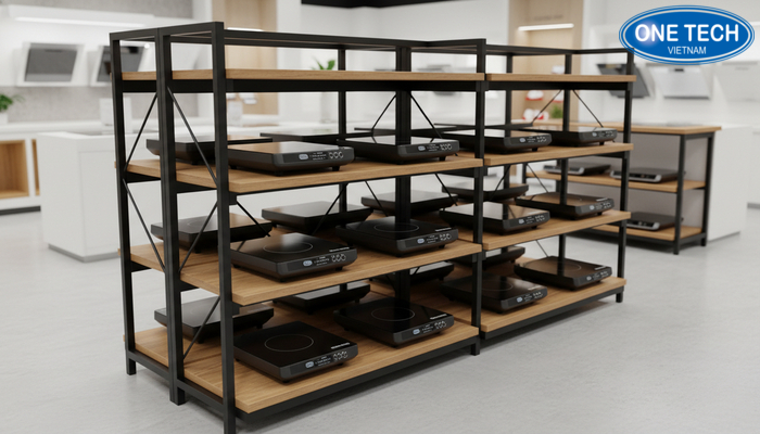 Kệ gỗ công nghiệp phối khung kim loại trưng bày bếp từ