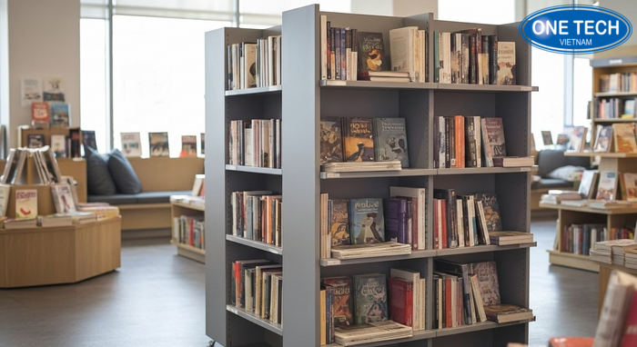 Kệ hai mặt trưng bày sách báo tiện lợi Kệ hai mặt trưng bày sách giúp tăng diện tích hiển thị bìa sách