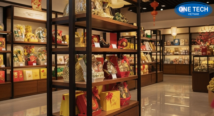 Kệ trưng bày quà biếu cao cấp khung sắt mặt gỗ, sang trọng và chắc chắn