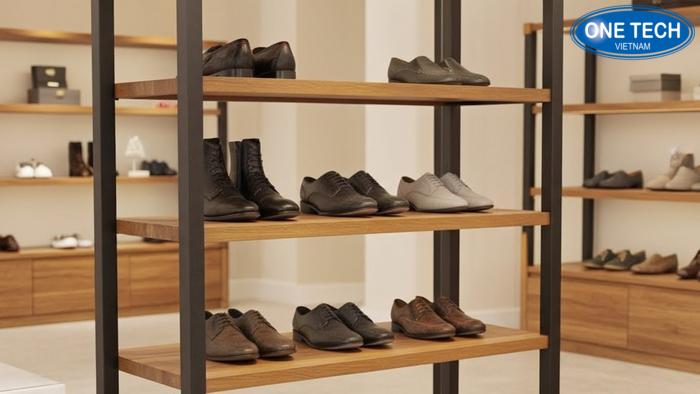 Kệ khung sắt mặt gỗ trưng bày giày da cao cấp