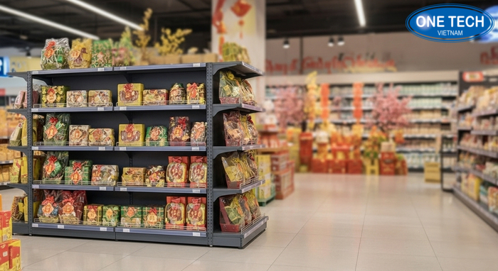 Kệ trưng bày quà Tết siêu thị dạng V cài lắp nhanh, chắc chắn