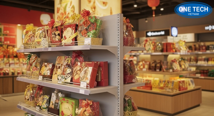 Kệ trưng bày giỏ quà Tết V lỗ chịu tải tốt, dễ tăng giảm tầng