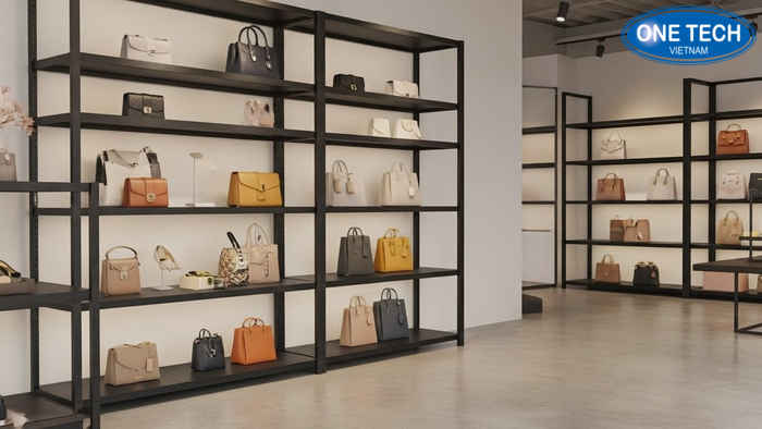 Minh họa khoảng cách trưng bày đúng giữa các túi xách để tránh cọ xát và giúp túi nổi bật