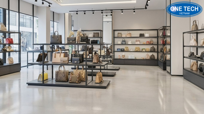 So sánh không gian shop túi xách trước và sau khi bố trí kệ trưng bày, lối đi thông thoáng hơn