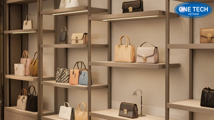 So sánh khu trưng bày túi xách trước và sau khi bật đèn LED, túi nổi bật hơn