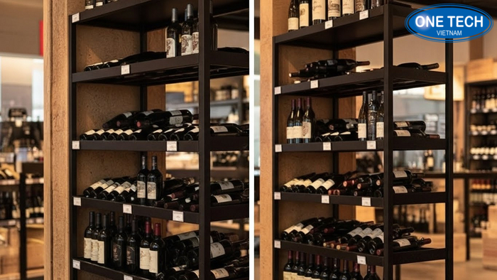 So sánh lỗi thường gặp chai sát mép không có chặn và cách bố trí đúng an toàn trên kệ rượu