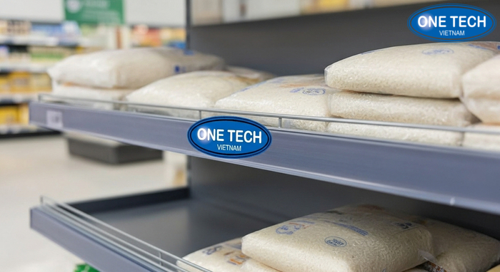 Mâm tăng cứng và rào chắn giúp kệ trưng bày gạo chắc và an toàn Cận cảnh mâm kệ có tăng cứng và rào chắn chống trượt cho bao gạo