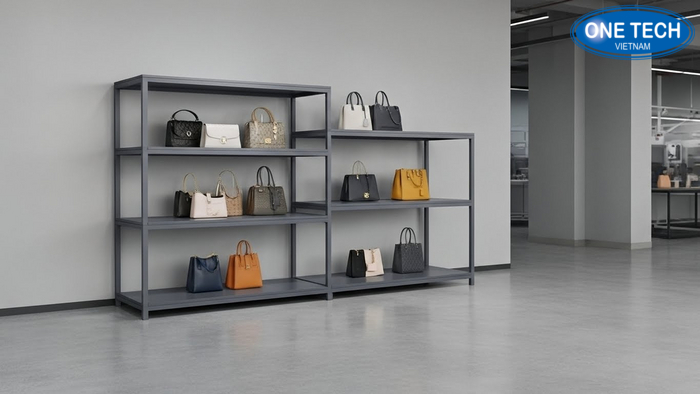 Hình ảnh mẫu kệ trưng bày túi xách tại kho hoặc xưởng của OneTech Group