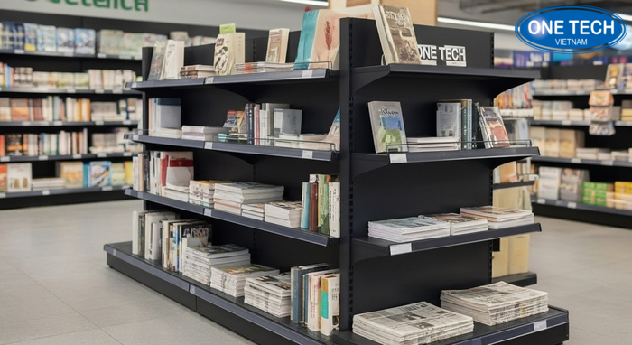Mẫu kệ trưng bày sách báo tại OneTech Kệ siêu thị Đồng Tháp Các mẫu kệ trưng bày sách báo OneTech đa dạng kiểu dáng và vật liệu