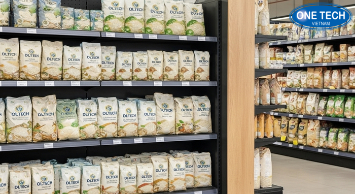 Lối đi tối thiểu giữa các dãy kệ trưng bày gạo Minh họa lối đi giữa các dãy kệ để khách và nhân viên bốc bao gạo thuận tiện