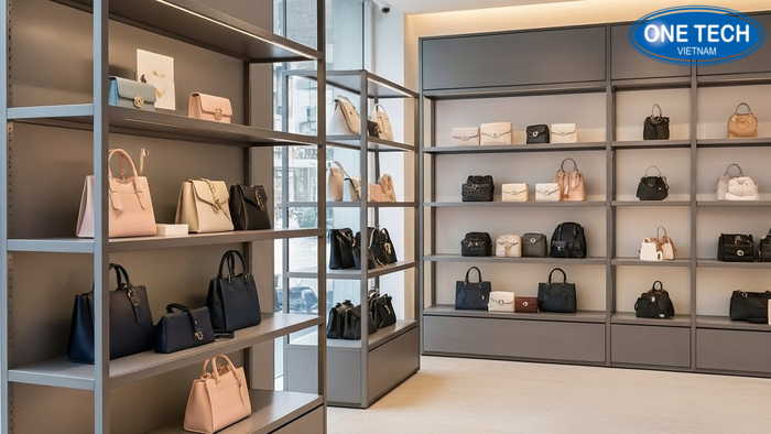 Minh họa phân vùng đầu tư kệ trưng bày túi xách: mặt tiền đầu tư kệ đẹp, khu trong tối ưu sức chứa