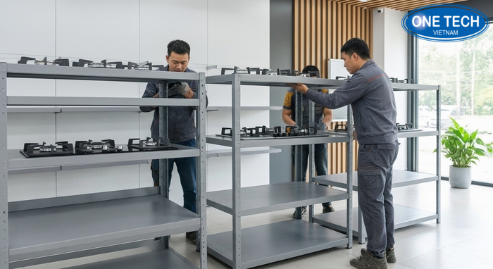 Quy trình thiết kế và thi công kệ trưng bày bếp gas OneTech từ khảo sát đến lắp đặt