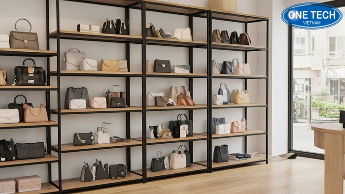 Sơ đồ bố trí kệ cơ bản cho shop túi xách nhỏ, đảm bảo lối đi thoáng và điểm nhìn tốt