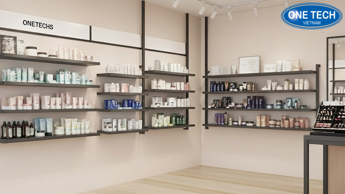 Sơ đồ layout shop mỹ phẩm nhỏ với kệ tường và kệ góc nhìn từ trên xuống