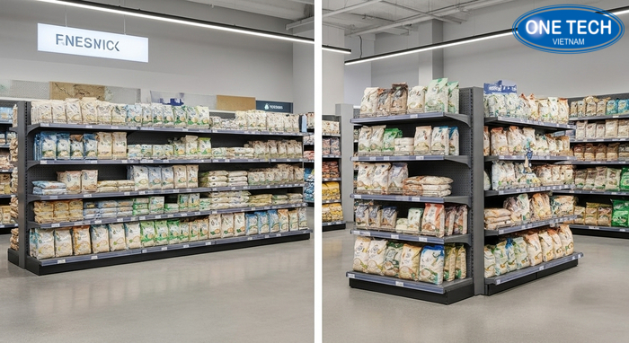 Tối ưu chi phí khi làm kệ trưng bày gạo So sánh cấu hình kệ tiết kiệm và cấu hình nâng cấp có đảo giữa cho khu gạo