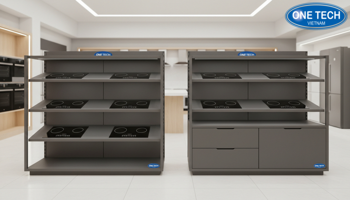 So sánh kệ đa tầng và kệ có ngăn kéo khi trưng bày bếp từ