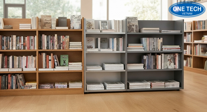 So sánh kệ trưng bày sách báo theo chất liệu So sánh kệ gỗ, kệ inox và kệ sắt sơn tĩnh điện dùng trưng bày sách báo