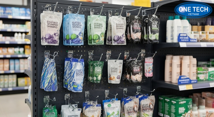 Mẫu kệ móc treo và kệ lưng lưới gắn móc trưng bày dầu gội dây linh hoạt