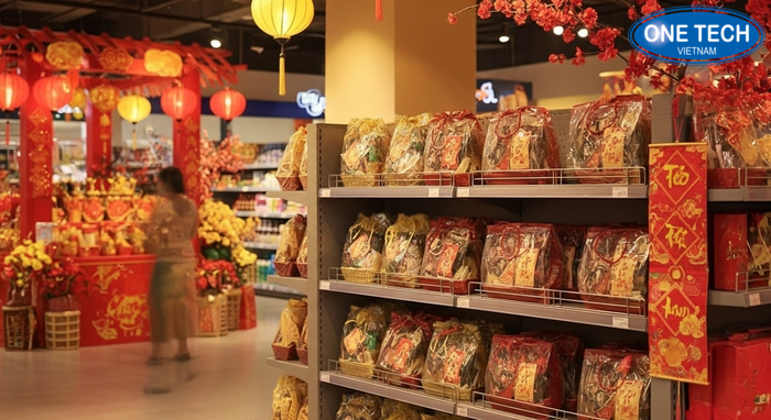 Trang trí Tết cho khu kệ trưng bày giỏ quà Tết tạo không khí ấm cúng, bắt mắt