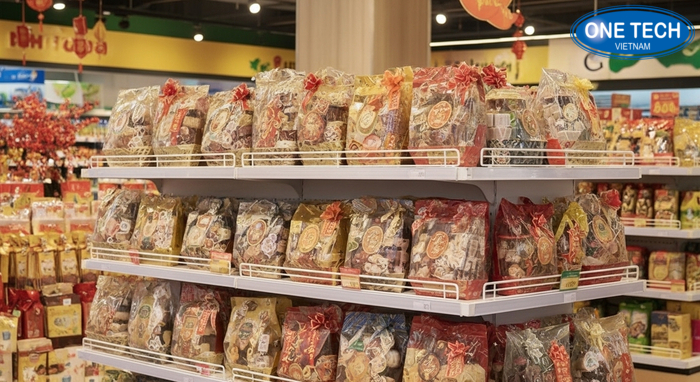 Kỹ thuật trưng bày giỏ quà Tết trên kệ rõ ràng, phân nhóm theo giá và màu sắc